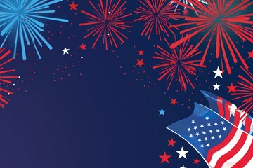 Digital illustration featuring a billowing american flag with red, white, and blue fireworks exploding in a dark blue night sky, perfect for independence day or patriotic celebrations