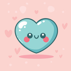 Charming kawaii heart in blue, set against a pastel pink backdrop. Vector illustration in a cute, minimalistic cartoon style with soft colors and clean lines.