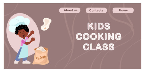 Kids Cooking class landing page. Web banner of Culinary school for children online. Workshop or blog backdrop. Little Chef boy works wonders with dough. Vector illustration