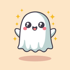 Cheerful kawaii halloween october ghost with blushing cheeks and sparkling eyes. Cute, whimsical cartoon kawaii flat style, floating light peach background with twinkling stars.