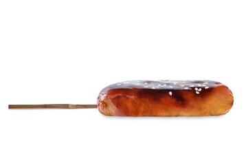 Tsukune, Japanese Chicken Meatball in teriyaki sauce with sesame seeds sprinkles on a white isolated background