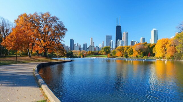 A beautiful autumn landscape on the banks of Lake Michigan at Navy Pier, autumn trees, people walking, skyscrapers, hotels and office buildings in the city skyline