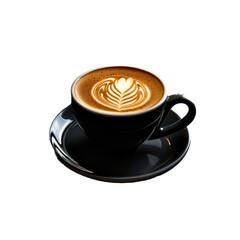 Latte Art in Black Mug with Saucer, isolated on transparent background.