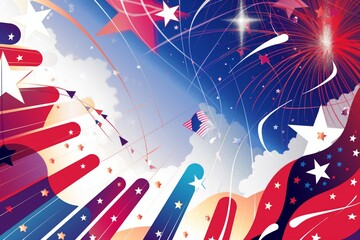 American flag waving in cloudy sky, lit by fireworks for patriotic holiday. Stars and stripes in red, white, and blue. Perfect for banners, posters, and cards