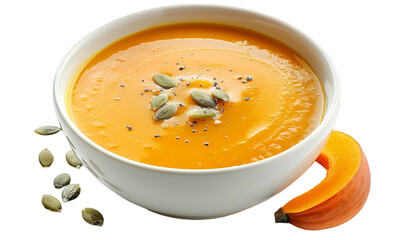 Pumpkin Soup in White Bowl with Pumpkin Seeds Perfect Autumn Meal Concept