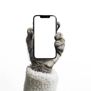 Pata de gato sosteniendo un tel&eacute;fono m&oacute;vil moderno.
Maqueta de tel&eacute;fono celular con pantalla blanca sobre fondo transparente.