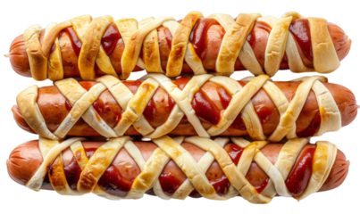 Hot Dog Sausage Mummies Wrapped in Puff Pastry Dough for Halloween Party Food