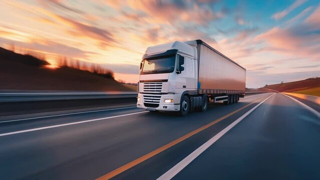 white cargo truck driving on highway at sunset. freight transportation