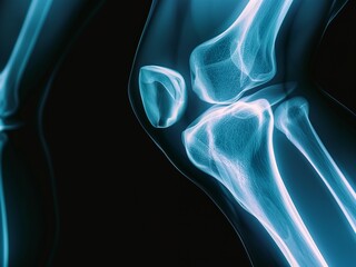 Naklejka premium x-ray view of a knee joint , showing ligaments and bone alignment, medical analysis
