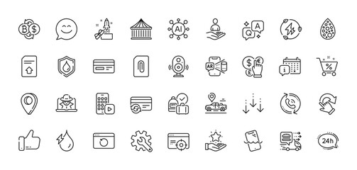 24h service, Scroll down and Car place line icons pack. AI, Question and Answer, Map pin icons. Recovery internet, Waterproof, Green electricity web icon. Vector