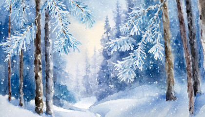 Watercolour illustration winter forest landscape, wild nature trees and snow. Beautiful blue hues