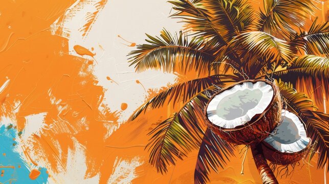 tropical party invitation, playful coconut tree doodle on vibrant orange backdrop, ideal for a simple summer party invite
