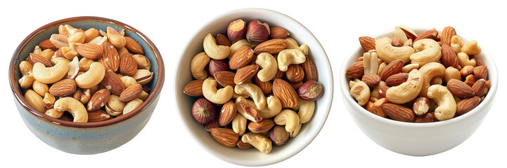 Set of bowls of Mixed Nuts Featuring Cashews, Almonds, and Hazelnuts isolated on transparent png, for advertising healthy snack