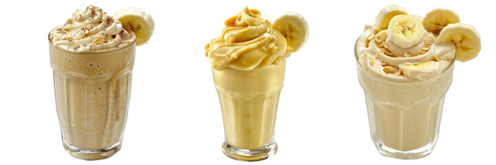 set of banana smoothies with whipped cream in Transparent Background for illustrating refreshing smoothie concept,  food blogs, advertisements, menus, or health-related content
