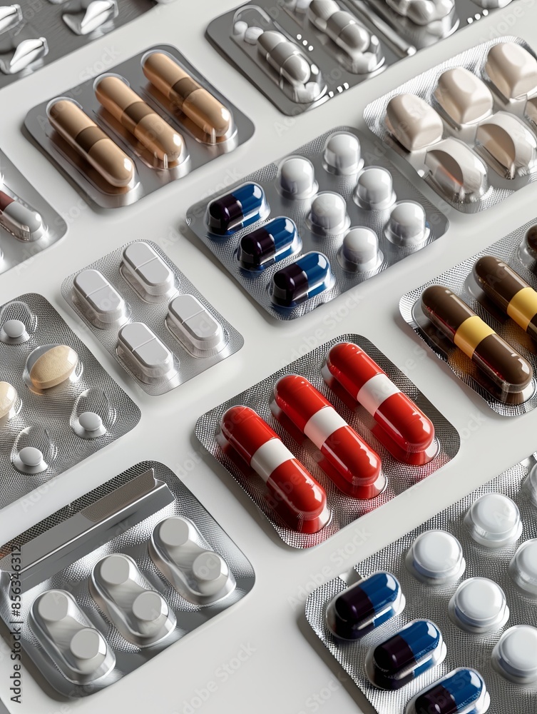 Poster an overhead shot showcases different pills neatly arranged in blister packs on a white background. g