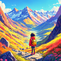 A young girl standing on a rocky path, surrounded by vibrant autumn foliage and majestic mountains in the background. She is wearing a red jacket and carrying a yellow backpack.