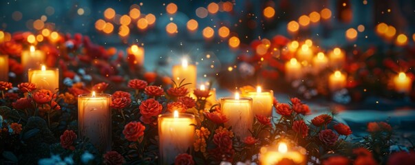 All Saints Day Churchyard Candles Focus on candles lit in a churchyard, with a night background, empty space center for text