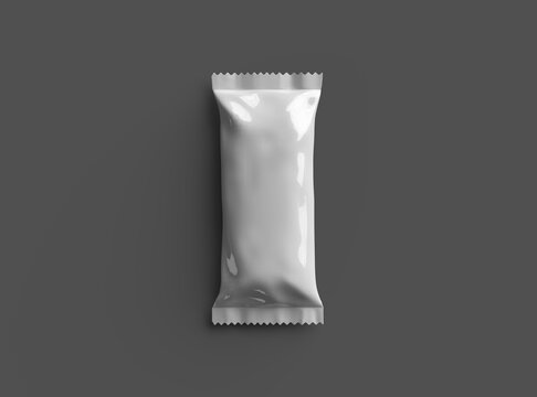3D render for a glossy generic, sealed ice-cream packaging bag with crimped edges on a dark background