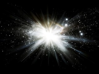 Dynamic white Celestial Explosion set. Black Background with Glowing silver Sunburst, Color-Adjusted Light Rays ,Digital Lens Flare