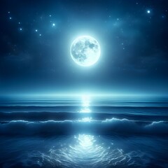 Majestic Full Moon Reflecting Over Calm Ocean Waves with a Starry Night Sky and Serene Atmosphere