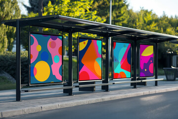 Modern bus stop shelter featuring colorful advertising mockup posters against a backdrop of lush trees and a clear blue sky