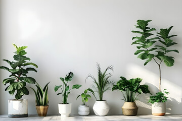 Obraz premium Houseplants in various pots lined against a near white wall with ample copy space, perfect for serene and modern interior design ideas.