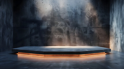 Futuristic stage with neon light in an industrial setting. Suitable for product display, presentation, and exhibition with ample copy space.