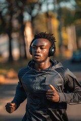 young African American man on a morning jog with headphones Generative AI