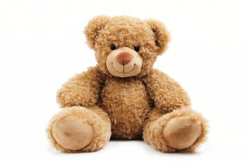 Cuddly, brown classic teddy bear sits isolated on a pure white background, evoking memories of childhood and comfort