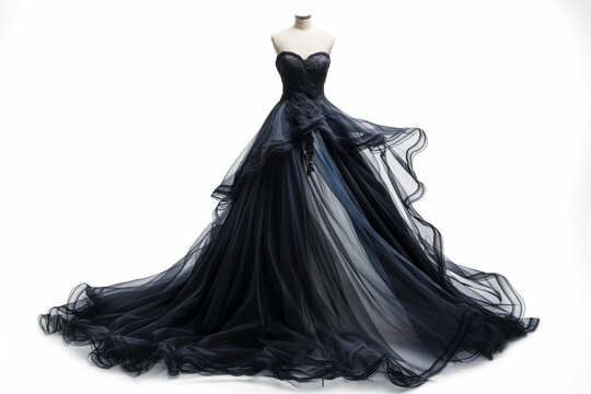 Stunning strapless black evening gown displayed on a mannequin, featuring intricate lace detailing and flowing tulle skirt isolated on white