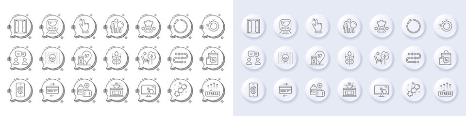 Touch screen, Stress grows and Sale bags line icons. White pin 3d buttons, chat bubbles icons. Pack of Metro, Open door, Search people icon. Gluten free, Credit card, Deckchair pictogram. Vector