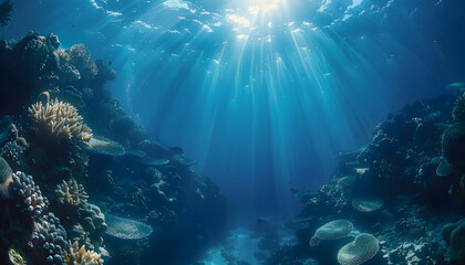 An underwater ocean scene featuring a blue abyss with sunlight filtering through. Ideal for diving and scuba backgrounds, this image includes vibrant coral reefs and marine life.
