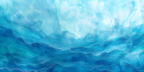 Obraz premium Calm water underwater blurry texture turquoise, blue, aqua background for copy space text, sky, clouds cartoon, ocean wave illustration for vacation beach travel, wavy watercolor art.