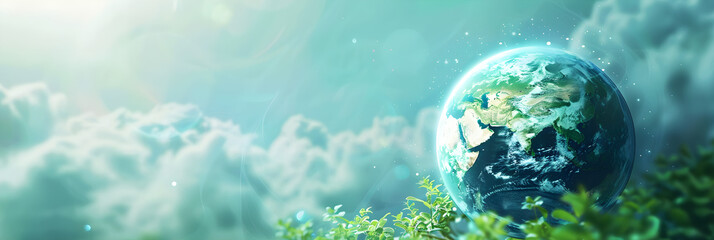 An image of the Earth surrounded by clouds, sunlight, and greenery. Ideal for promoting environmental causes, Earth Day, or eco-friendly themes. Contains copy space.