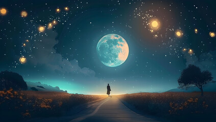 Fototapeta premium a person walking on a road at night with the moon and stars in the sky, creating a peaceful and magical atmosphere with ample copy space