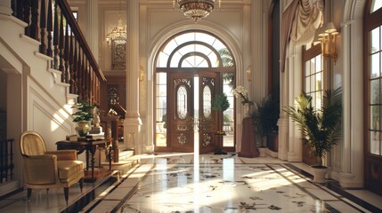 Elegant Luxury Home Entryway with Grand Doors and Opulent Interior Design Elements