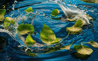 Vibrant green leaves splashing into clear blue water, creating dynamic ripples and water droplets, ideal for nature-themed backgrounds or refreshing concepts.