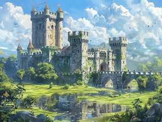 Obraz premium Medieval castle with tall towers and a drawbridge, surrounded by a moat and lush greenery
