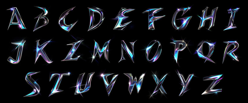 Holographic 3d typography, alphabet set with glittering effect, glowing neon letter, iridescent design, shiny metallic font on a black background