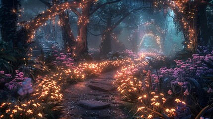 Mystical garden with glowing plants and whimsical pathways, creating an enchanting, otherworldly atmosphere