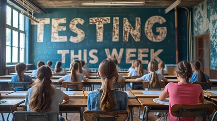 Sign that reads “TESTING THIS WEEK” - classroom - standardized test 