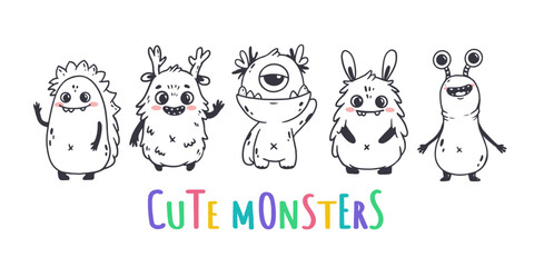 Obraz premium Set of cute cartoon monsters in doodle style. Funny characters on white background. Icon monster. Alien.Vector illustration
