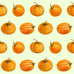 Seamless pattern watercolor of orange pumpkins. Autumn print for Thanksgiving, harvest day, autumn farm fair, halloween, textiles, banners, wallpapers, wrapping design, cover.