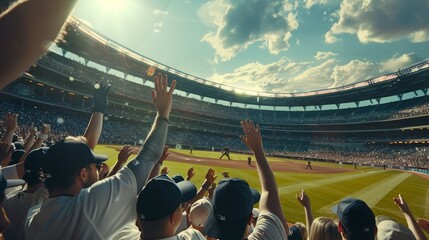 Energetic Baseball Game with Fans Cheering in a Dynamic Stadium Atmosphere
