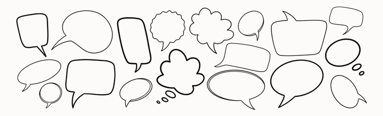 Big set of speech bubbles. Black and white dialog or chat window. Message signs of various shapes. Vector illustration on a light background.