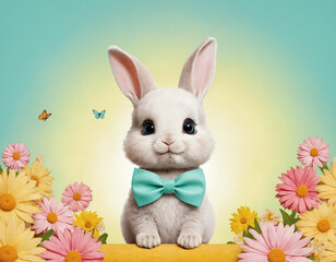 Adorable Bunny in a Bow Tie Surrounded by Spring Flowers