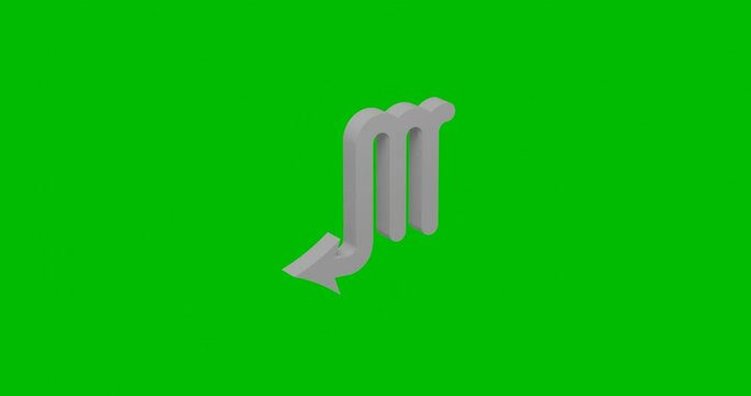 Animation of rotation of a white zodiac scorpio symbol with shadow. Simple and complex rotation. Seamless looped 4k animation on green chroma key background