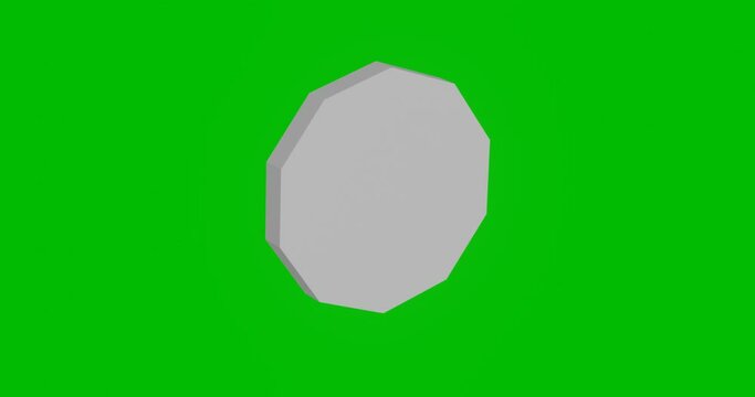 Animation of rotation of a white decagon symbol with shadow. Simple and complex rotation. Seamless looped 4k animation on green chroma key background