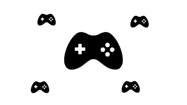 Zoom in and out animation the joystick symbol. Large black symbol in the center and four small symbols around. Seamless looped 4k animation on white background