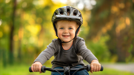 Obraz premium A boy wearing a helmet learning to ride a bicycle in a park
